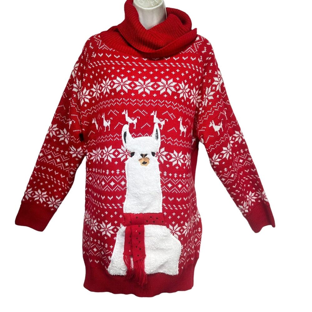 Alpaca Ugly Christmas Sweater Oversized Pockets Turtleneck Tunic Sweater Size M